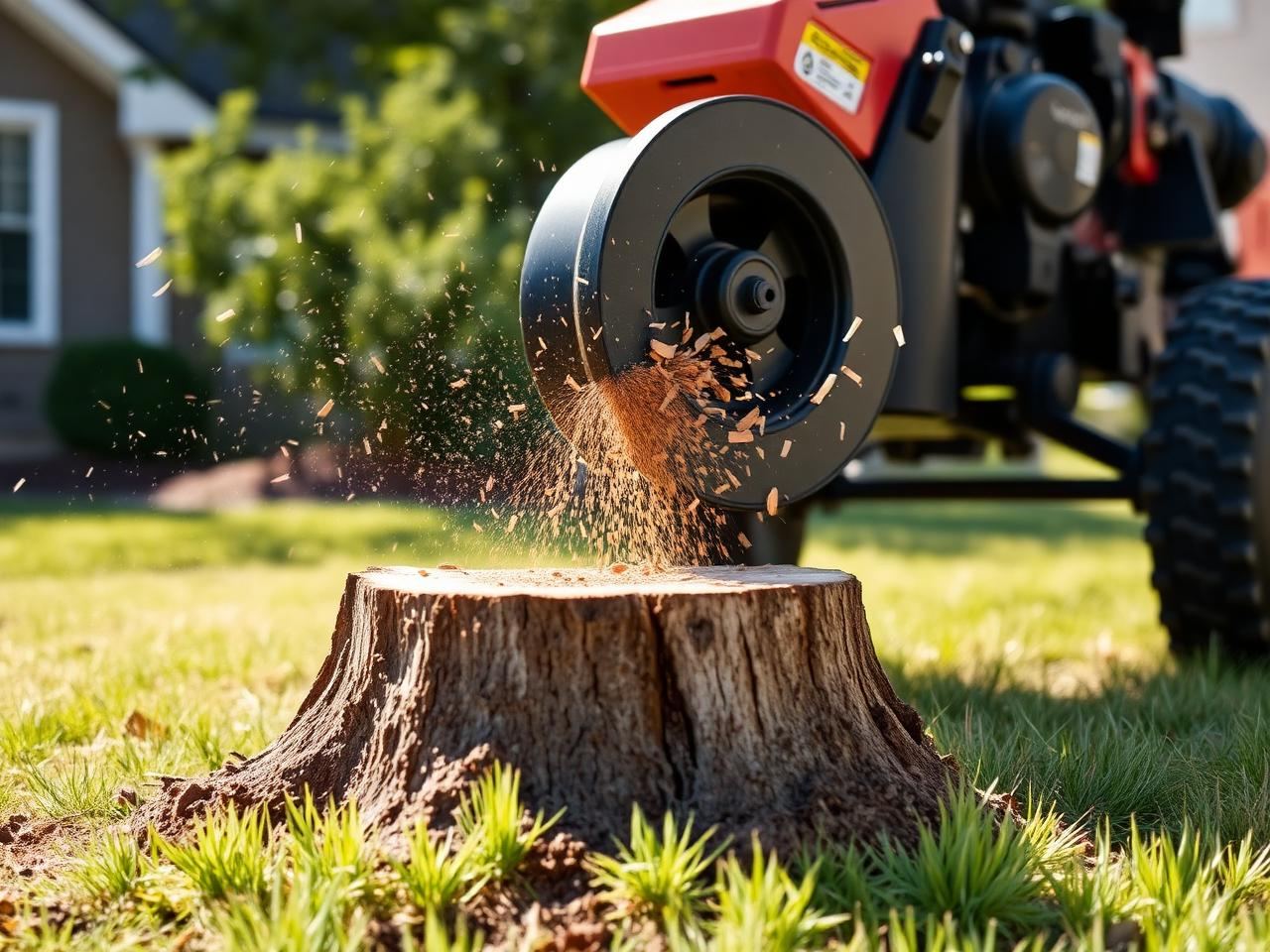 Professional stump grinder removing a tree stump in a residential Michigan lawn
