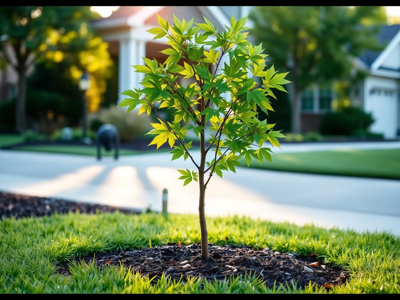 Young sugar maple sapling freshly planted with mulch ring in a Michigan front yard